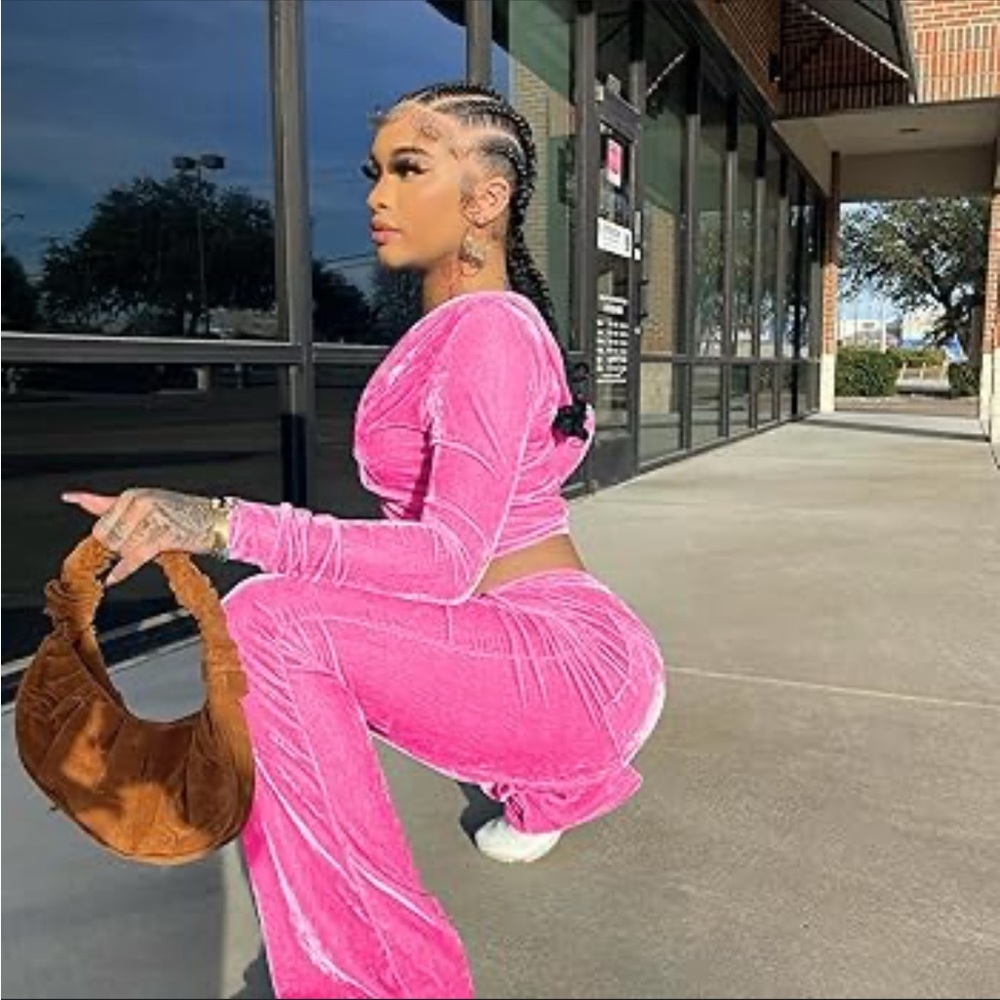 Pink Velour Velvet Women's Jumpsuit - Picture 3 of 11
